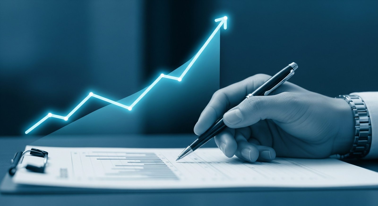 Mano analizando un gráfico financiero, simbolizando el valor y retorno de la inversión de los honorarios de un abogado experto en Talca.