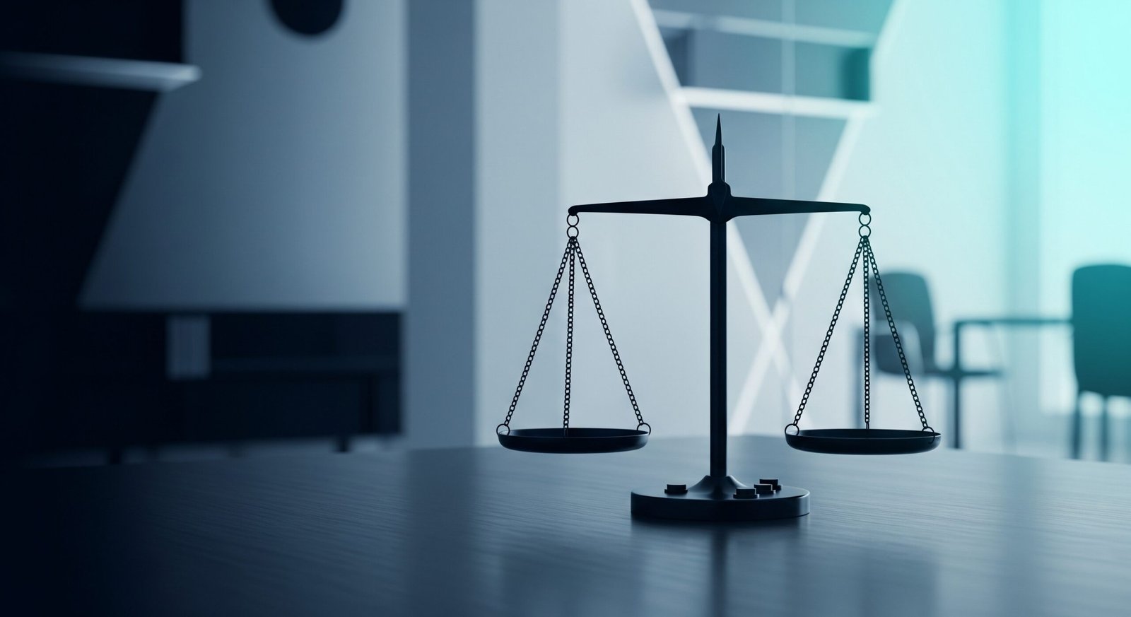 Balanza de la justicia minimalista en un entorno moderno, simbolizando la guía de asistencia jurídica gratuita en Talca.